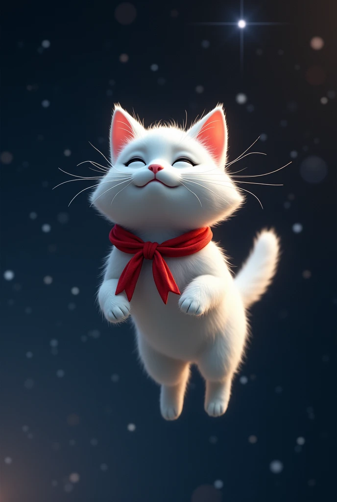  An adult male white-haired cat with a red ribbon on its neck, a spacesuit floating happily in space  