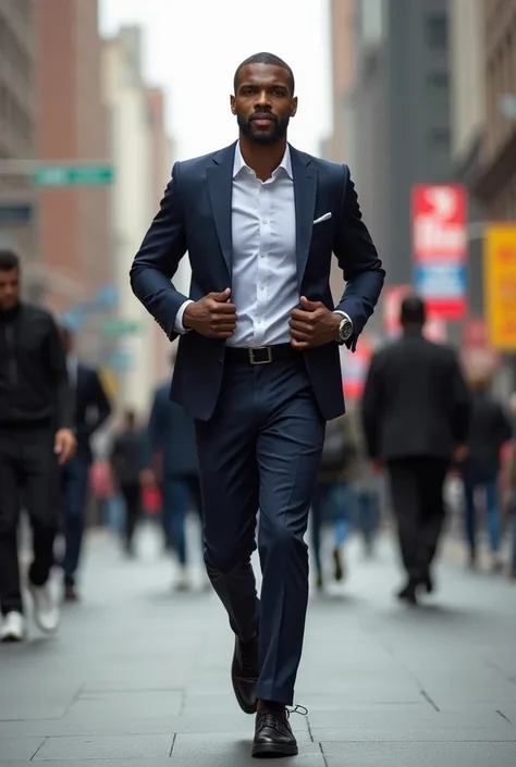 A black business man, middle aged, returning from a lunch break, sliding back into his jacket, moving swiftly, resembling a slim super hero, captivating pedestrians around him