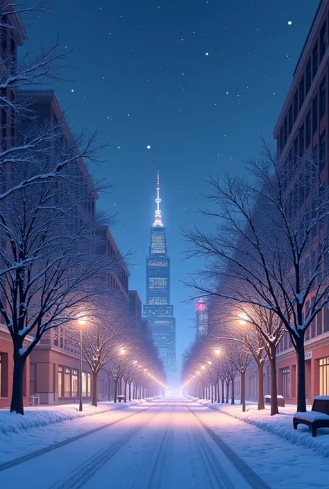  An ultra-high definition animated picture ，The picture shows a snow-covered city at night ， On both sides of Granville Street are city buildings and snow-white trees at night，There are shining stars in the sky，The picture is romantic and beautiful 。