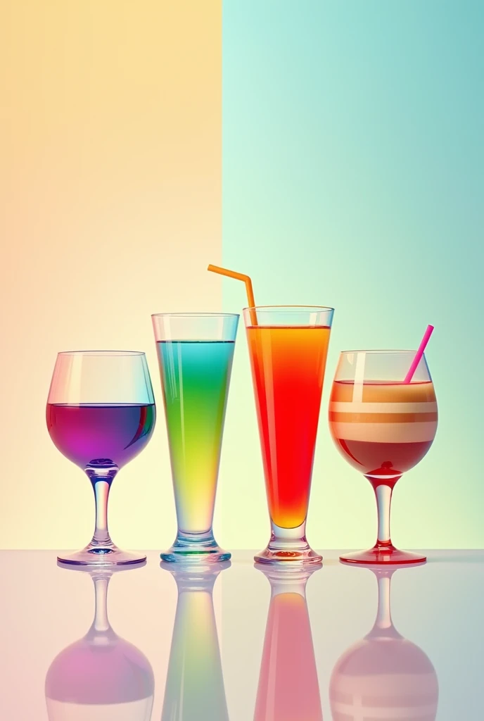 ,  create a poster advertising for the sale of mocktails , You have 4 glasses one light blue half purple , another green with a gradient to yellow ,  another with shades of red and another beige with light brown lines... Make the image look very striking