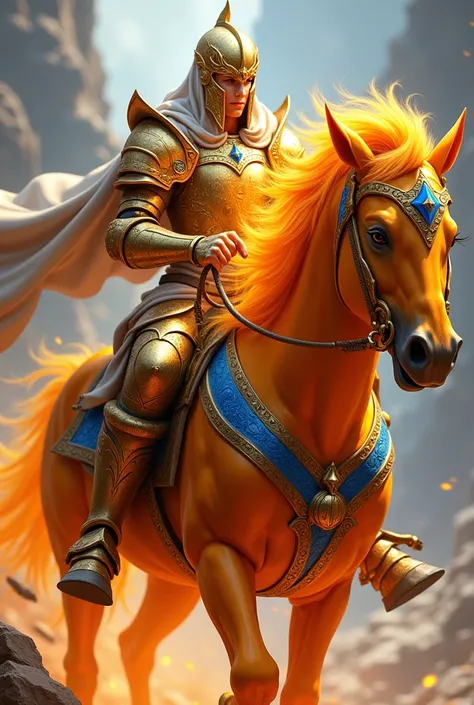 A warrior in gold armor ,  riding a fire horse with blue aces