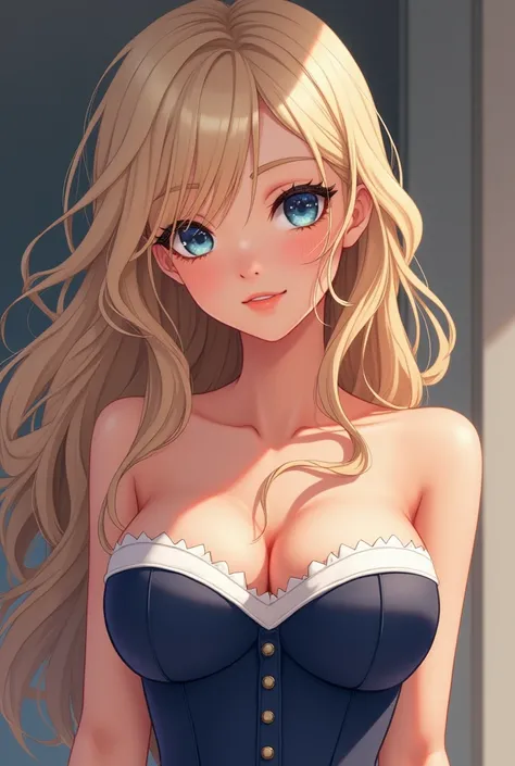 The anime manga image shows a young woman with super extra large breasts,  long blonde hair with long bangs and soft waves that fall on her shoulders ..   Her skin has a light or olive tone  ,   and she seems to have a slim and healthy figure  .   Her faci...