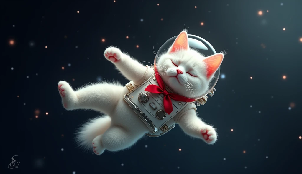 An adult white cat with a red ribbon around its neck floating in a space suit happily in space 