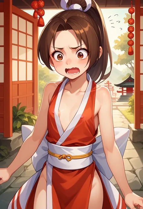 score_9, score_8_up, score_7_up, 1girl, solo, (loli), , flat chest, PonyShiranui, high ponytail, brown hair, brown eyes, japanese clothes, revealing clothes, open mouth, shocked face, wavy mouth, shaking, looking at down, standing, opening cleavage, flat c...