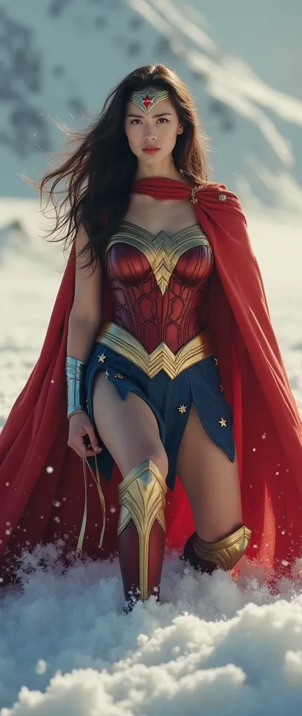  live-action 、   glamorous、Cute     Japanese    、    glamorous、  Wonder Woman is standing on the ground       。   Wonder Woman is wearing a red cloak  、   Wonder Woman standing on top of   、  Live Action         、     brown hair   、  Penis Masterpiece    、...