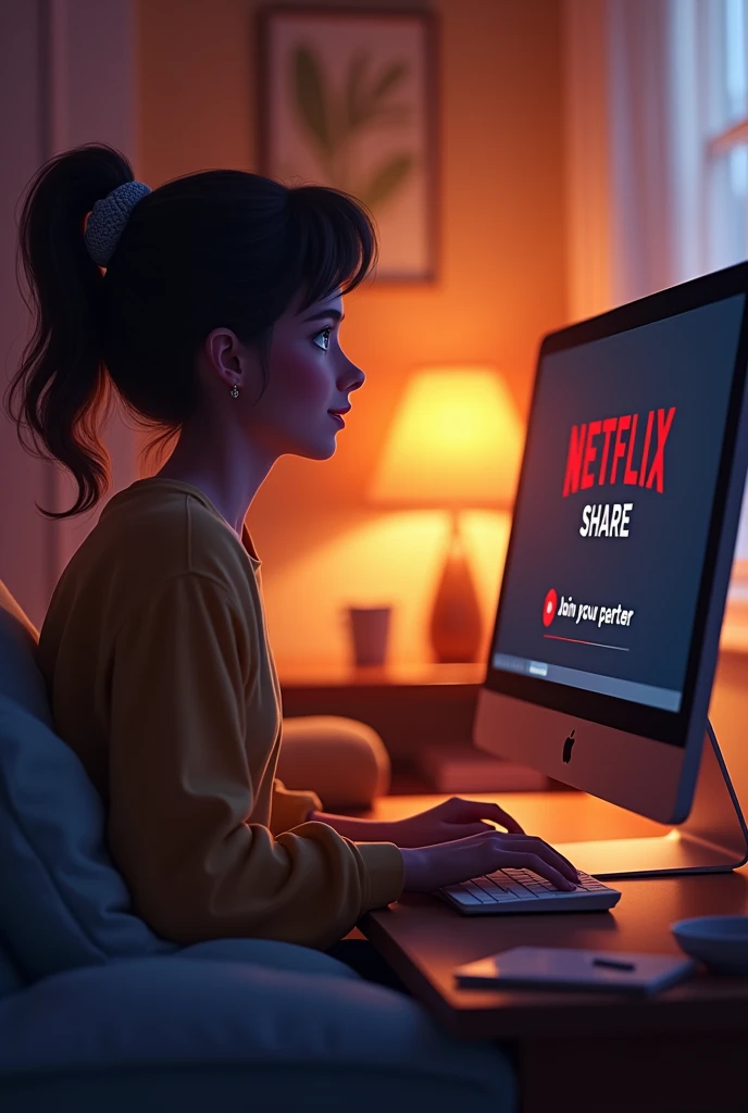 
Prompt 2 : Partage d’une Série pour un Couple à Distance (6 scènes)

	1.	Scène 1 : Un utilisateur ouvre Netflix Share sur son ordinateur pour continuer une série qu’il regarde avec son partenaire à distance. L’écran affiche l’interface avec l’option “Rejo...