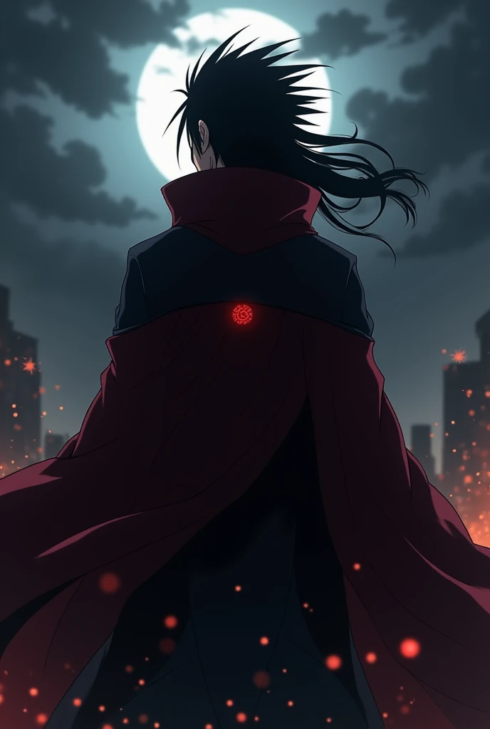 **"Create a high-quality image of Madara Uchiha from Naruto standing with his back facing the viewer, but turning slightly to reveal only one of his eyes. The scene should exude an aura of mystery, strength, and dominance. Madara should appear calm, yet th...