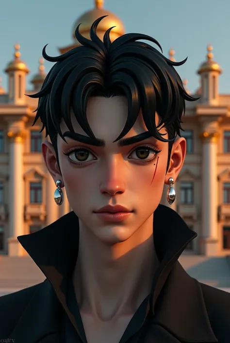 Play a fair-skinned character ,  with black hair that contrasts intensely with his complexion .  His eyes are dark as charcoal ,  casting a deep and mysterious look . On his right eyebrow ,  a visible cut interrupts the perfect line ,  giving him a touch o...