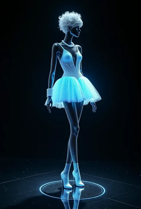  On the black glass floor with a black background and black mannequin.  Make a short dress and hope it falls with glowing liquid butter.  Make a beautiful and elegant pose .  Mannequin with extra long glitter wig with luxurious hairstyle .  Light blue thin...