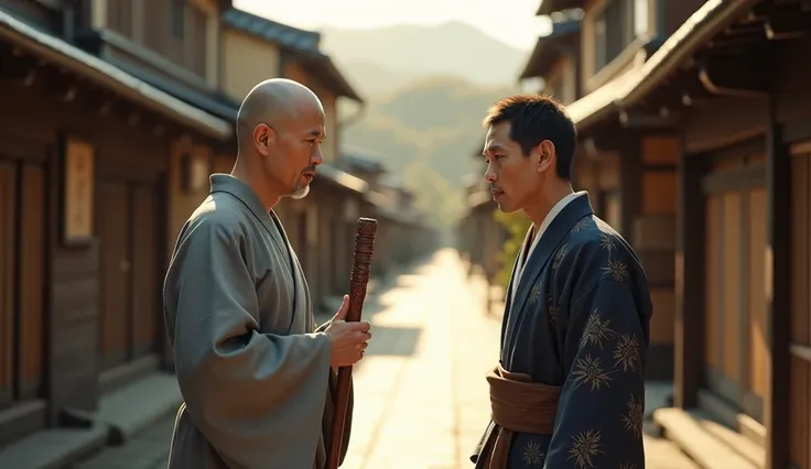 A photorealistic depiction of a serene Edo-period Japanese street scene, featuring a calm Buddhist monk in his 40s with a shaved head and kind eyes, wearing a simple yet elegant gray robe, holding a wooden staff with intricate carvings. Next to him stands ...