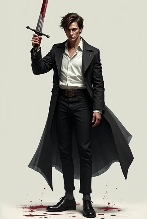  A young prince in a black overcoat ,  white shirt and black shoes and pants ,  raises a bloody sword with his right arm.
He makes a worried face , emaciated.
 Realistic Image 
