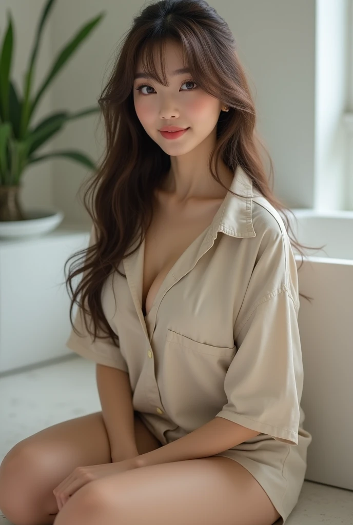 1 girl, single, big shirt, full body, very long hair, collarbone, smile, mouth open, brown hair, bangs, short sleeves, bathroom, large breasts, large ass, asian, on legs and knees