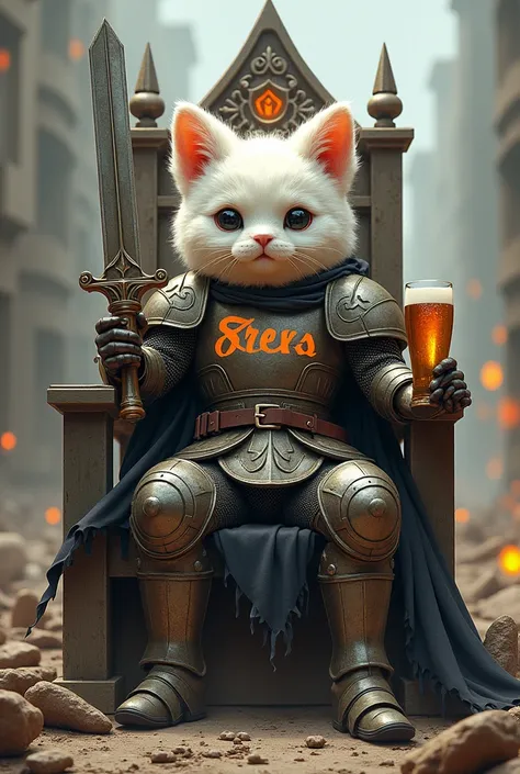 A fluffy soldier in armor with a beer in his hand and a sword in other hand, featuring geometric shapes like triangles and polygons. The soldier is in action, with glowing accents and a dynamic pose and seat on a throne. The background is a war-torn, apoca...