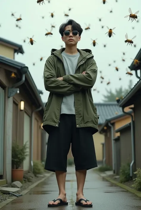 Japanese man, 20 years old, wearing an army green parka jacket,The hoodie on the jacket is attached to the head,Round sunglasses,Casual gray t-shirt as the undergarment,Black 3/4 pants,flip flops,Front look,There were so many killer bees flying in all dire...