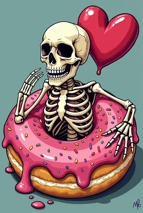 illustration of a donut with a skeleton and a heart, vector art by Meredith Dillman, shutterstock contest winner, lowbrow, donut, jen bartel, eating a donut, the mighty donut, highly detailed illustration.”, full color digital illustration, highly detailed...