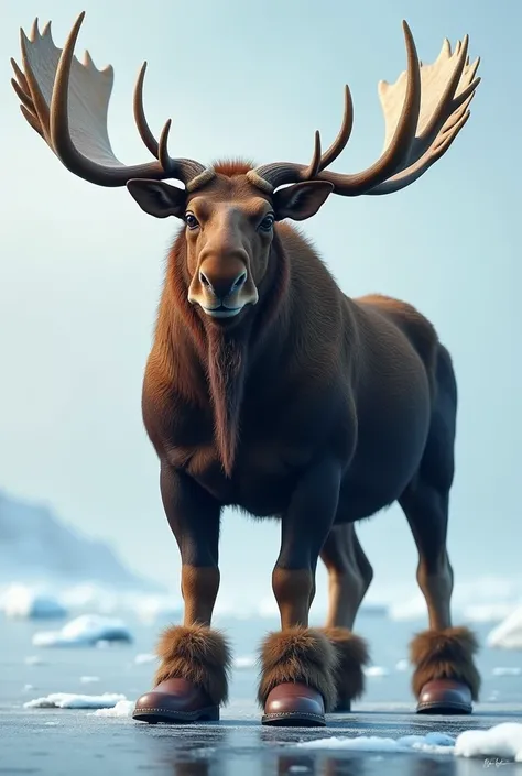 Creates an image of a moose in boots on the ice