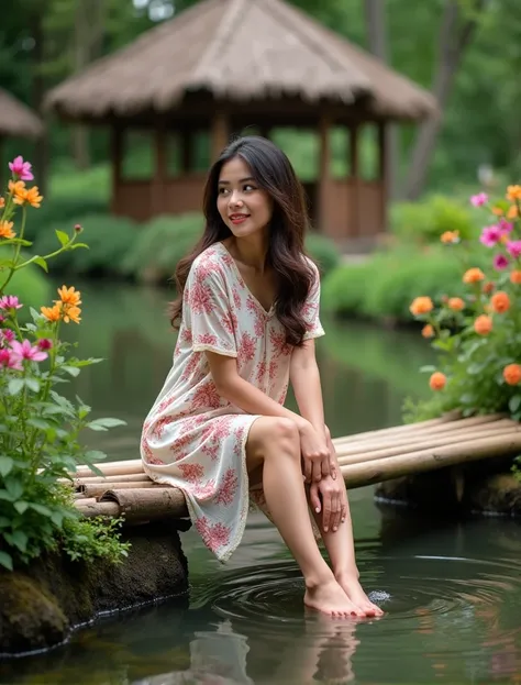  A bright outdoor portrait of a beautiful Indonesian woman sitting on a bamboo bridge surrounded by the water of a fish pond, and the womans feet enter the water of the fish pond .  She wears a beautiful floral patterned blouse below the knee .  The backgr...