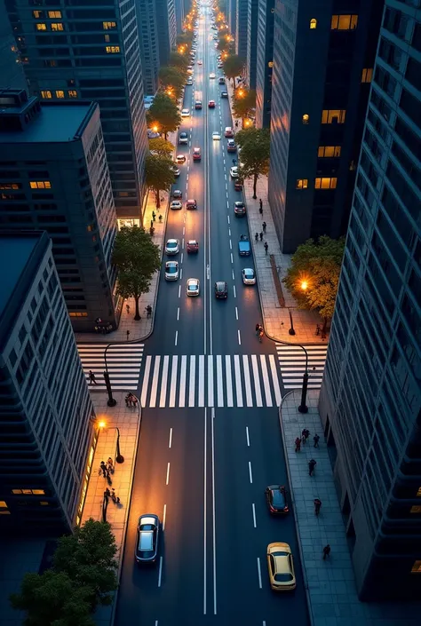 Aerial view of a road zebra in the city at night 