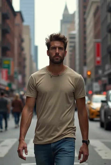 A highly realistic photograph of a man walking on a busy street in New York City, wearing slim-fit jeans and an old, wrinkled T-shirt with a stretched, worn-out neckline. The T-shirt appears faded and visibly overused, with signs of poor washing and long-t...