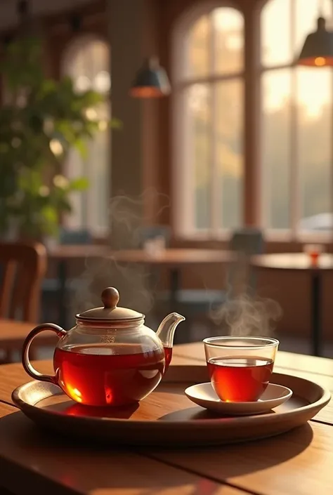 You are standing in a cafe facing the counter  . In front of you  ,  there is a teapot and two cups of hot tea water on the tray