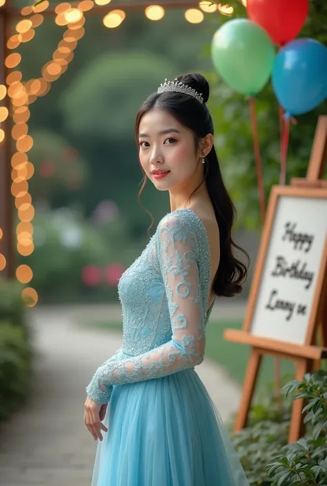 A beautiful Korean woman wearing a sparkling light blue long-sleeved dress, wearing a small crown, is standing while posing, 
Behind there is a large board with the name "haapy bristday Lenny SE"
on the edge of the table there is a birthday cake and around...