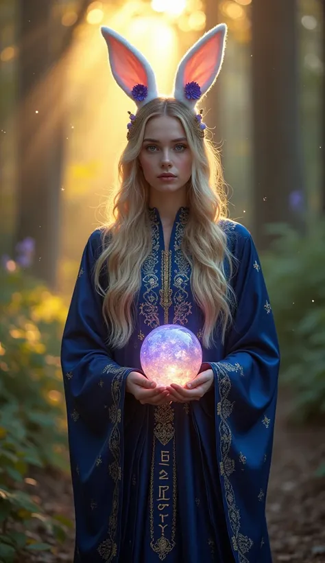 A stunning young woman in her early twenties with an ethereal, fantasy-inspired appearance. She wears an elegant, floor-length magical robe in deep navy blue, decorated with intricate golden embroidery and glowing runic patterns. The robe fully covers her ...