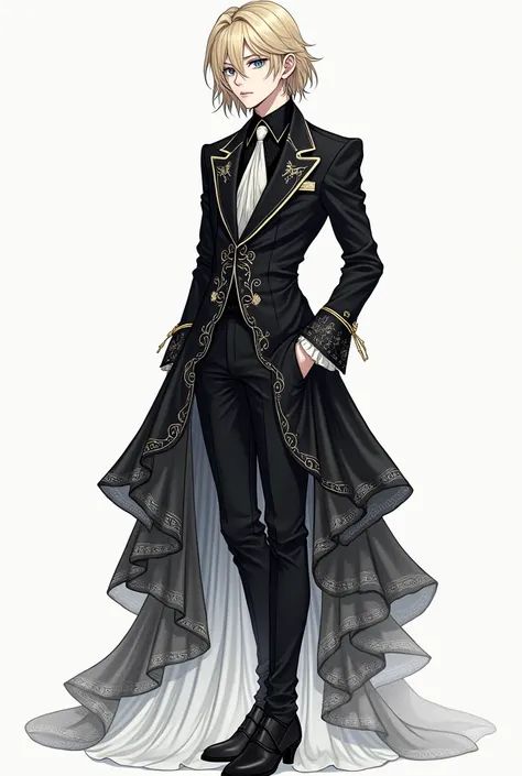 ( Masterpiece,  best quality ,  High resolution: 1.4) Drawing,  Detailed ,  intricate details, 4k, touch of color, Line art, high detail. Young and androgynous man ,  with blonde hair shoulder length , and light blue eyes , black rococo wedding dress .  He...