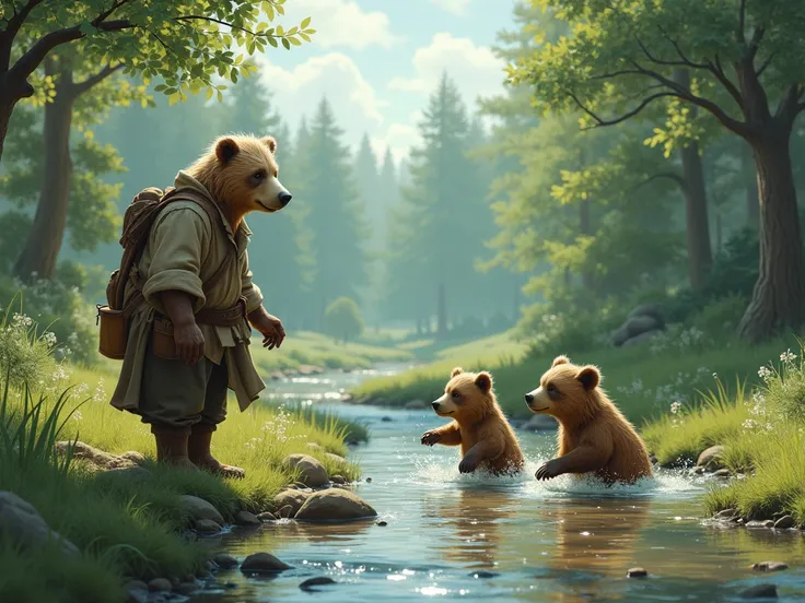 Adult villager finding two baby bears in a stream in the afternoon