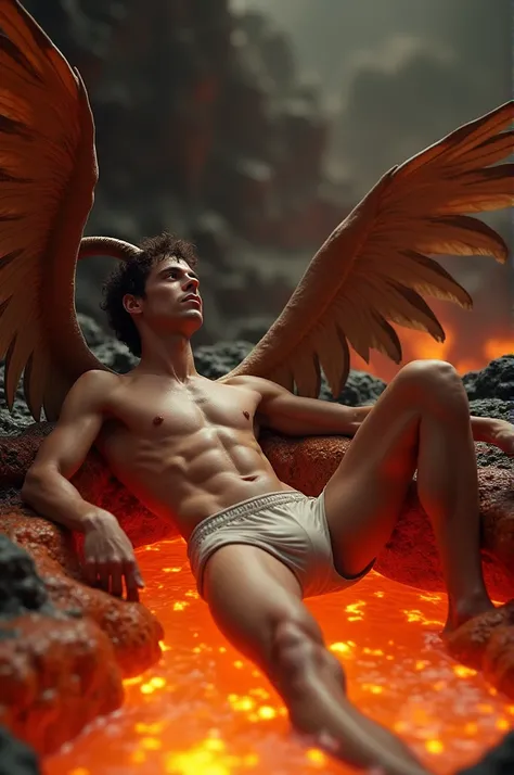 a beautiful, Sensual and slender man with long wings and twisted goat horns lying on his side in volcanic lava wearing only tiny womens classic running shorts with side slits in 70s style