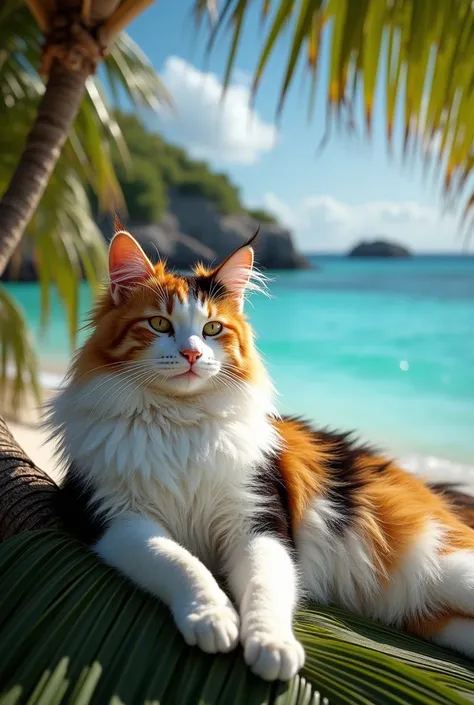 
 Maine Coon tricolor lies on a palm tree in the Seychelles, You can see water and rocks in the back