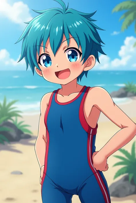  made in anime style to make a  young boy， blue swimsuit with red stripes ，Hair color is aqua blue ，Hairstyle is finely fragmented cap 