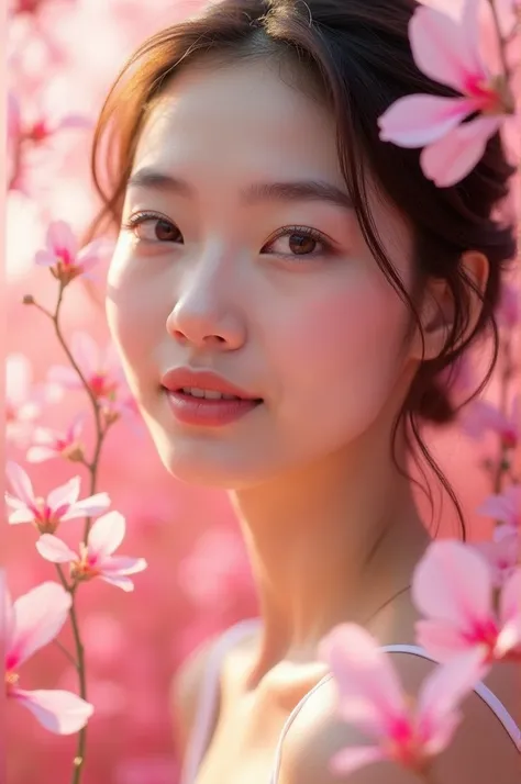 A girl with a pink flower background promoting a serum