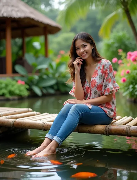  A bright outdoor portrait of a beautiful Indonesian woman sitting on a bamboo bridge surrounded by the water of a fish pond, and the womans feet enter the water of the fish pond . She wore a beautiful floral patterned blouse and sported blue rolled up jea...