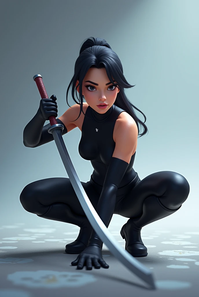 Image is a digital artwork featuring a stylized, animated female character in a dynamic pose. She has fair skin and is depicted with a focused expression. Her hair is dark, tied back in a sleek ponytail. She is wearing a form-fitting, black sleeveless body...