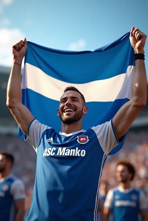 A  who wears a jersey where we mark ASC Manko and raises a blue and white flag that flies on ultra realistic info 