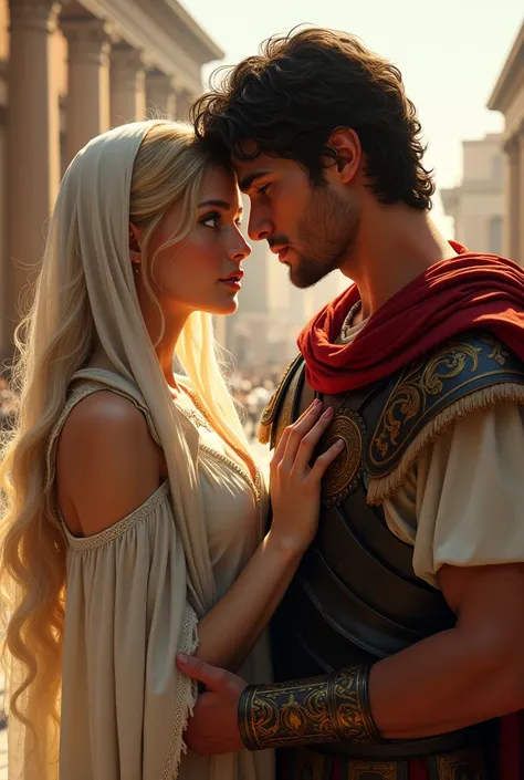 A blonde woman with green eyes wears a white headscarf with the ends of her hair sticking out of the headscarf. She is dressed in modest white clothes and looks at a tall, handsome man with blue eyes and black hair dressed in a Roman uniform who is hugging...