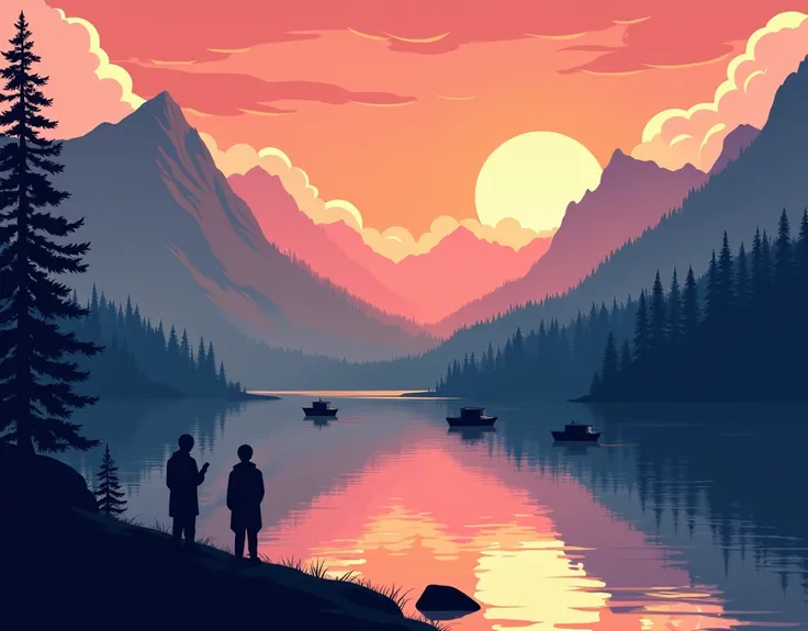 vector style, sunset in a beautiful landscape surrounded by mountains with clouds in the sky,  in the lake reflect the forest , some boats , And from afar you can see two ren praying to God and some cabins in the distance .