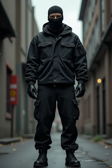 A man who is a criminal enforcer. To hide his appearance, he wears; a smooth ballistic mask over his balaclava that both obscures his face, a black field jacket (the hood is down), black cargo pants and steel toe shoes, and black leather driver gloves