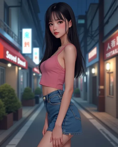 a hyper-realistic image of a young Japanese woman in her early twenties. She has straight black hair, porcelain white skin with a subtle blush, a mole on her left cheek, and dark brown almond-shaped eyes with a natural upward slant. Her lips are full and p...