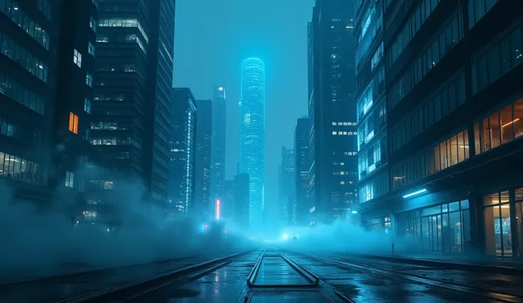 Gray City, Deserted Street, The skyscrapers at night 、 are adorned with shining blue LED lights 。. illumination:  the gray tones of the dim neon lights . effect:   Im looking for smoke and blue light flowing along the building . Special:  have a stifling a...