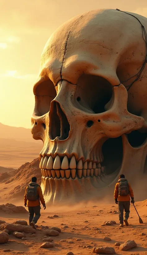  Archaeologists in a desert discovering a gigantic half-buried skull, with the sun falling behind and an air of wonder and suspense .