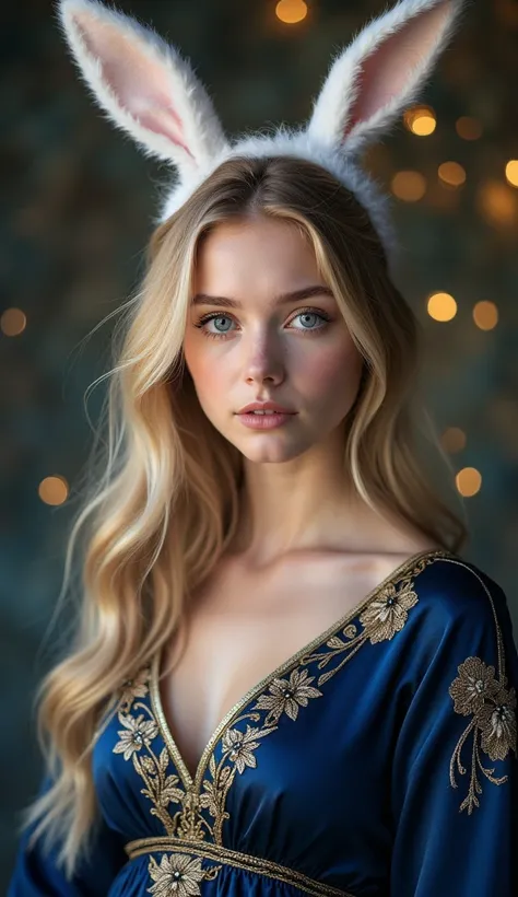 A graceful young woman in her early twenties with a delicate and fantastical appearance, featuring large, expressive violet eyes and soft, flowing golden-blonde hair. Her face is ethereal and slightly stylized, with a soft glow that enhances her mystical b...