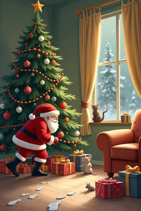 Old s book art style, handpaint illustration, soft colors, Santa Clause sneaks to Christmas tree, well decorated Christmas tree, snow footprints from the chimney,big boxes of presents and candys. cat is looking from the curtain, happy  is silently hiding u...