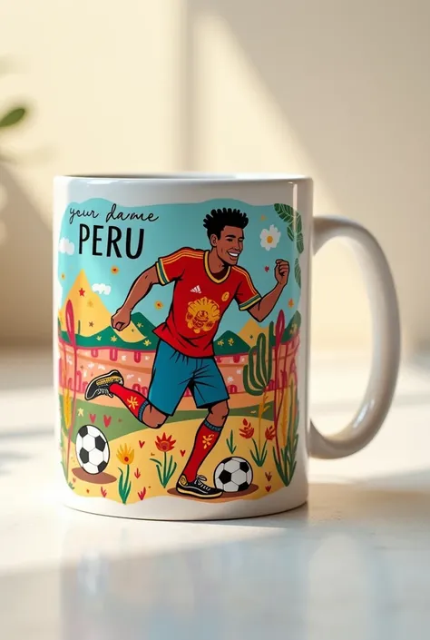  I want to personalize a mug for my boyfriend ,  he works dancing typical dances of Peru,  he likes to play soccer ,  he likes to help people , He is very loving to me .  Make an image of a personalized mug 