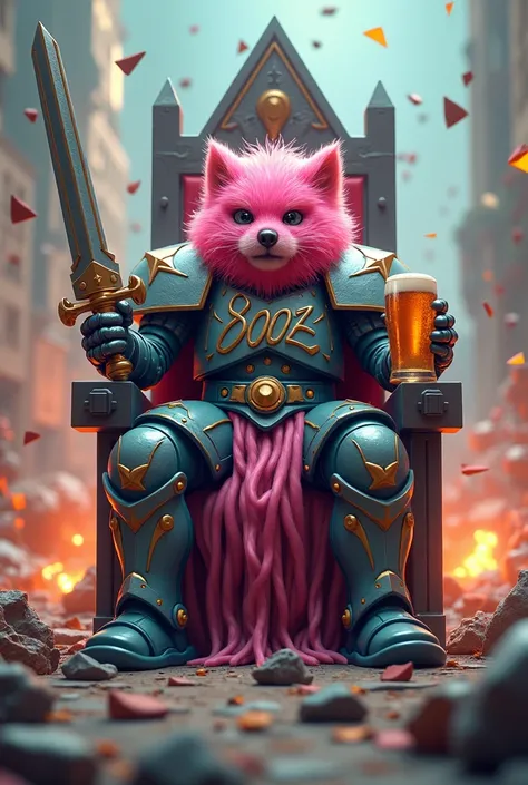 A fluffy pink soldier in armor with a beer in his hand and a sword in other hand, featuring geometric shapes like triangles and polygons. The soldier is in action, with glowing accents and a dynamic pose and seat on a throne. The background is a war-torn, ...