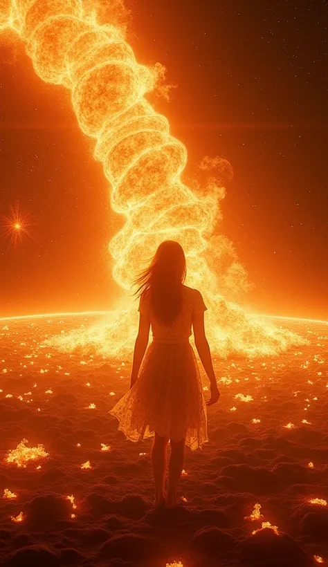 " A surreal and ultra-realistic scene where a girl seems to be merged with a huge solar tornado on the surface of the Sun.  The solar tornado in Close-up shows intense details of rotating plasma ,  with fiery shades of orange , red and yellow,  while brigh...