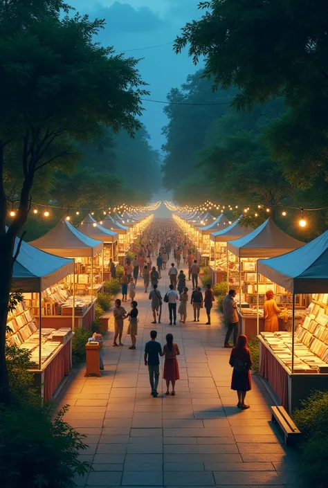 Could you generate a real image of an outdoor book fair for me? Taking into account, it is a green area property and at night