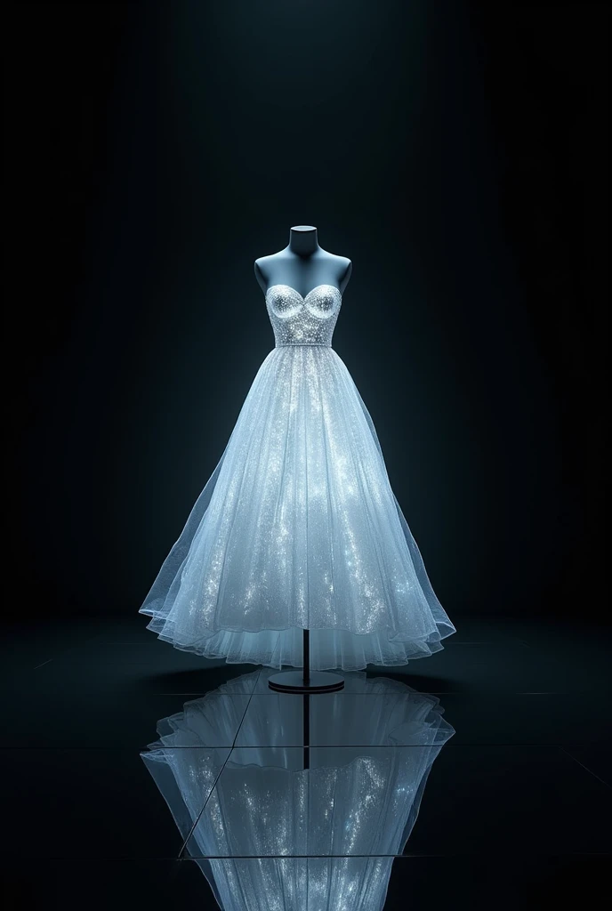 On the black glass floor and black mannequin .  black background.  Make a glowing mirror dress 