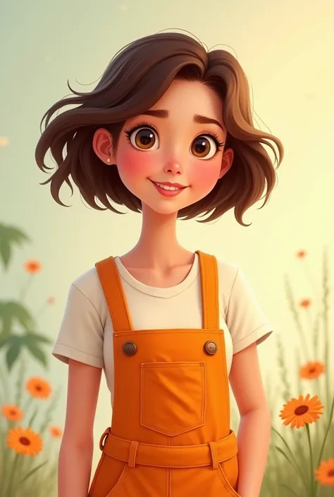 white woman in orange overalls, full body, short hair, pixar style.