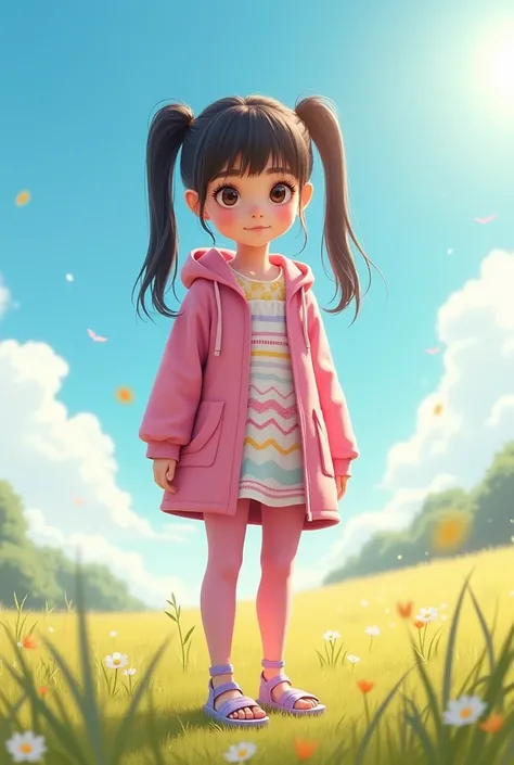 (Masterpiece:1.4)  A girl (From 10:1.4)  black hair with two ponytails with fringes rectangular face dark brown eyes , upturned nose height1 , 35m pink hooded coat dress with thin straps striped light pink lilacs and yellow pink leggings and lilac sandals ...